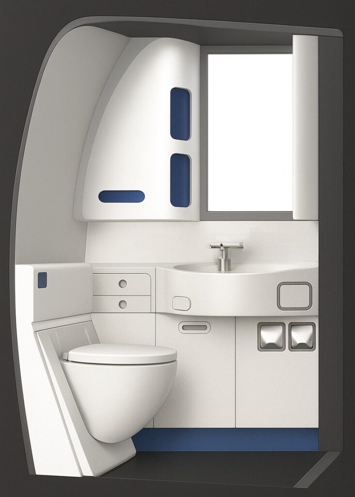 Touchless aviation faucet mockup emphasizing compact chassis and install geometry