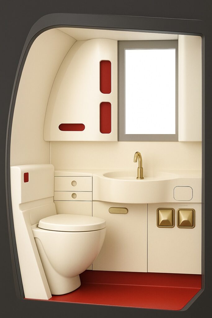 Gold finish aircraft lavatory touchless faucet concept with certification panel