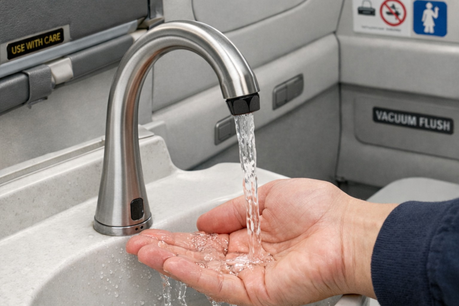 Commercial touchless faucet installation showing plumbing and supply connections