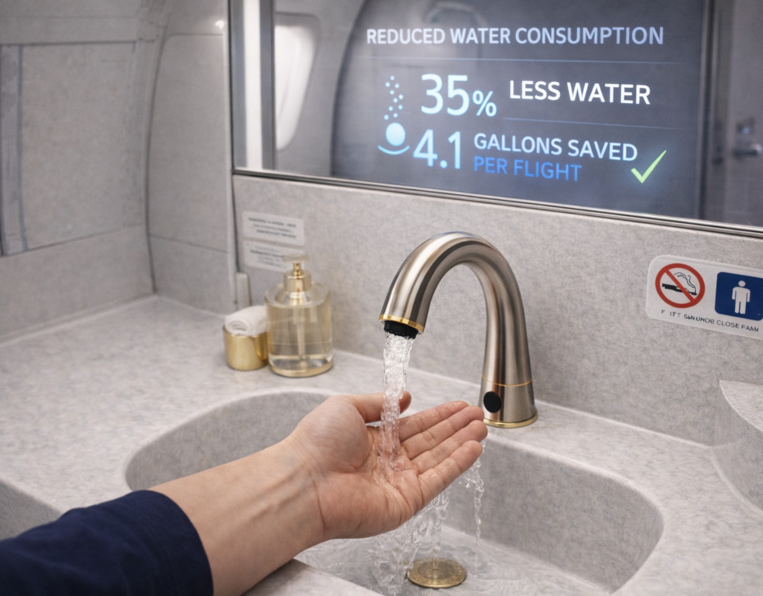 Touchless airline faucet in a commercial lavatory setting