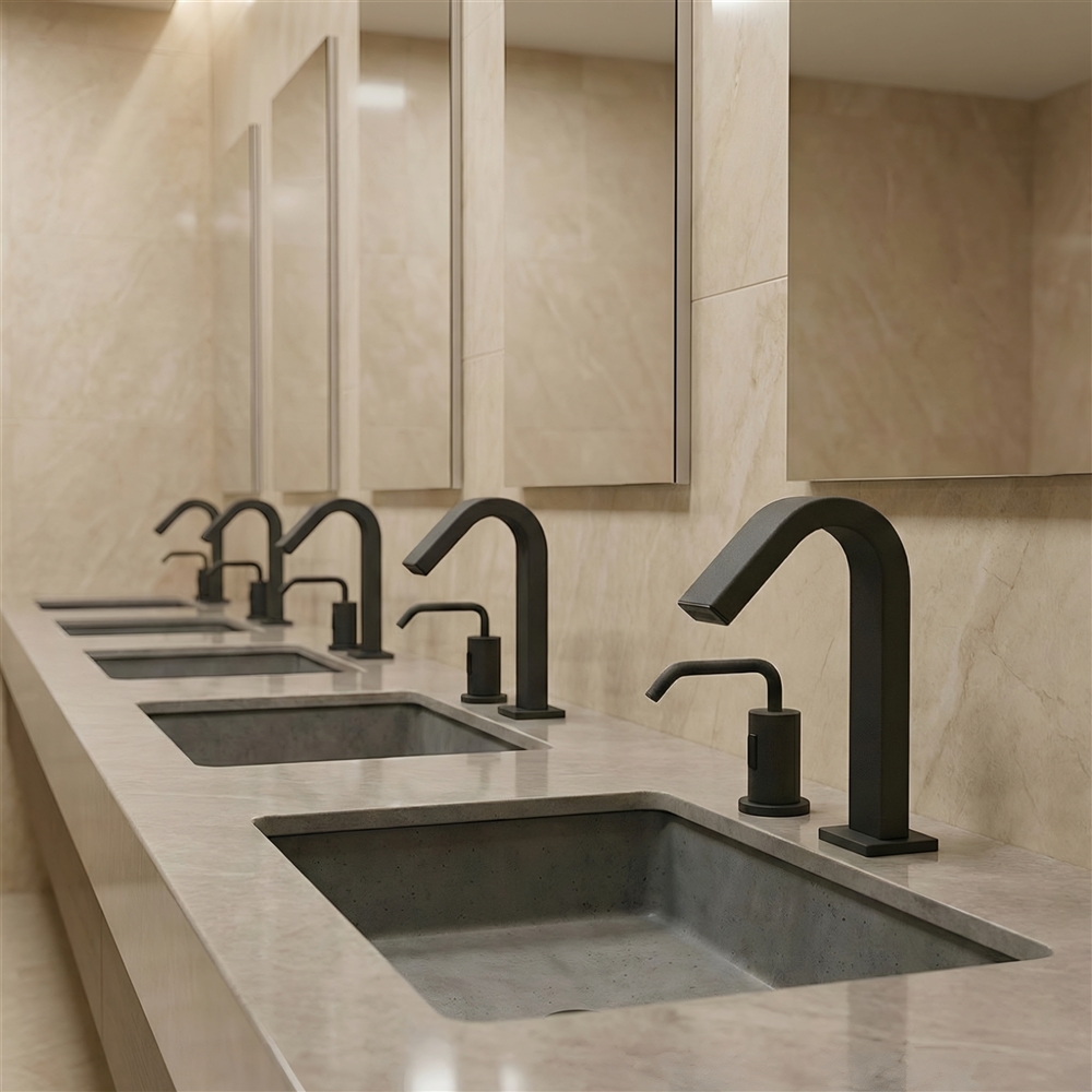 Airport restroom maintenance worker inspecting a modular commercial touchless faucet system