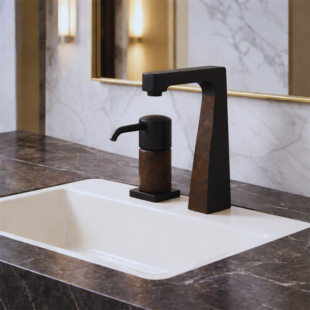 Wide view of a high-traffic airport terminal restroom with multiple commercial touchless faucet stations